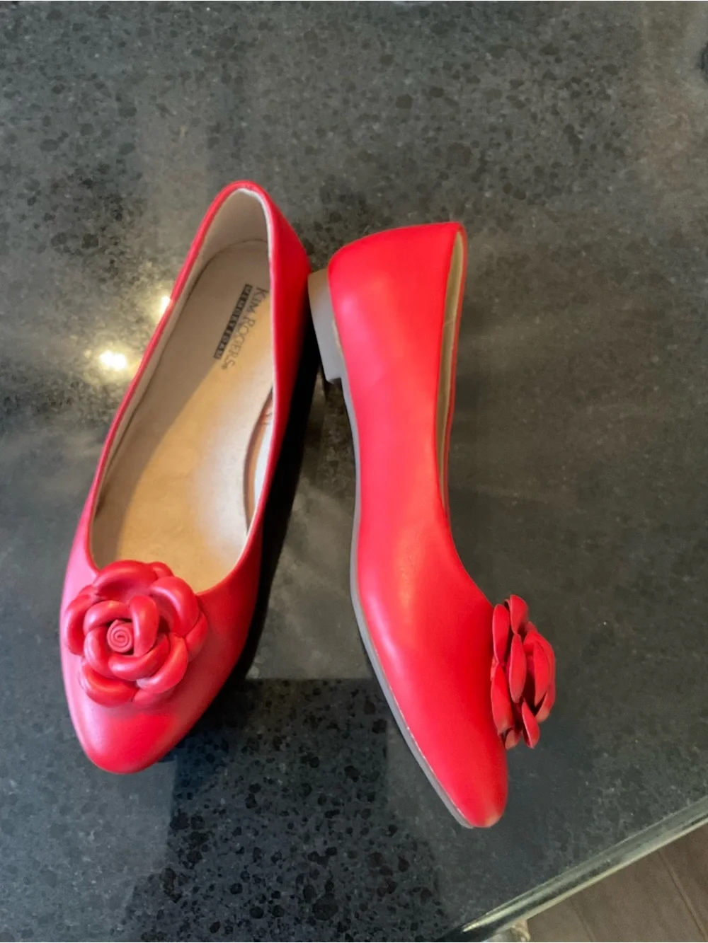 Kim Rogers Red Floral Rose Accent Rounded Point-Toe Ballet Flats